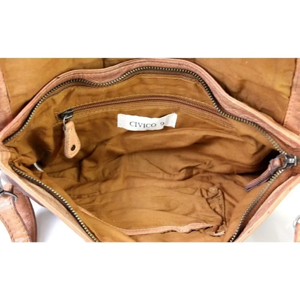 NWT $179 CIVICO 9 COGNAC BROWN GENUINE LEATHER X-BODY SHOULDER BAG HANDBAG PURSE